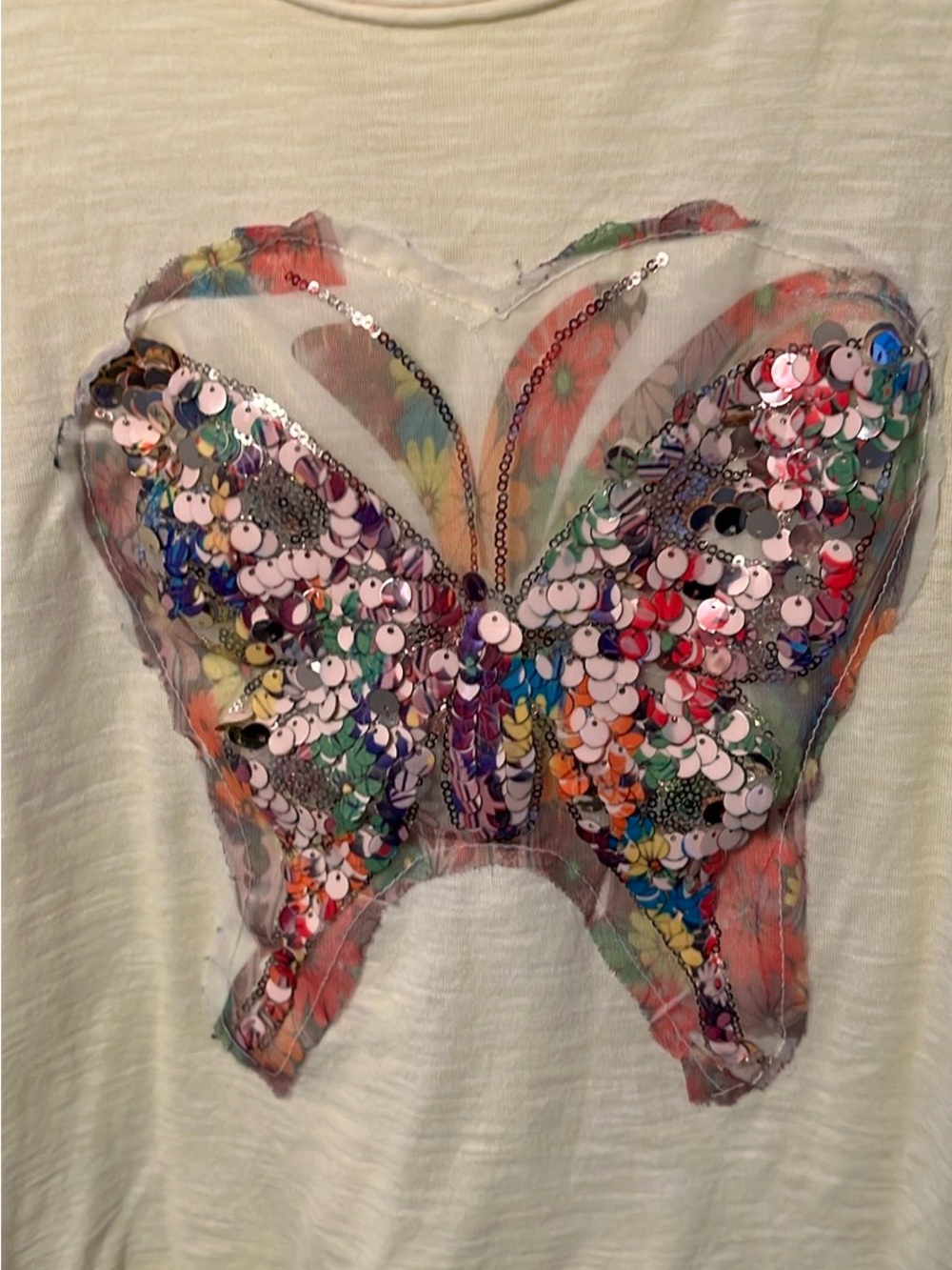 Women’s Short Sleeve multicolor Sequin Butterfly Tee -Yellow L-XL